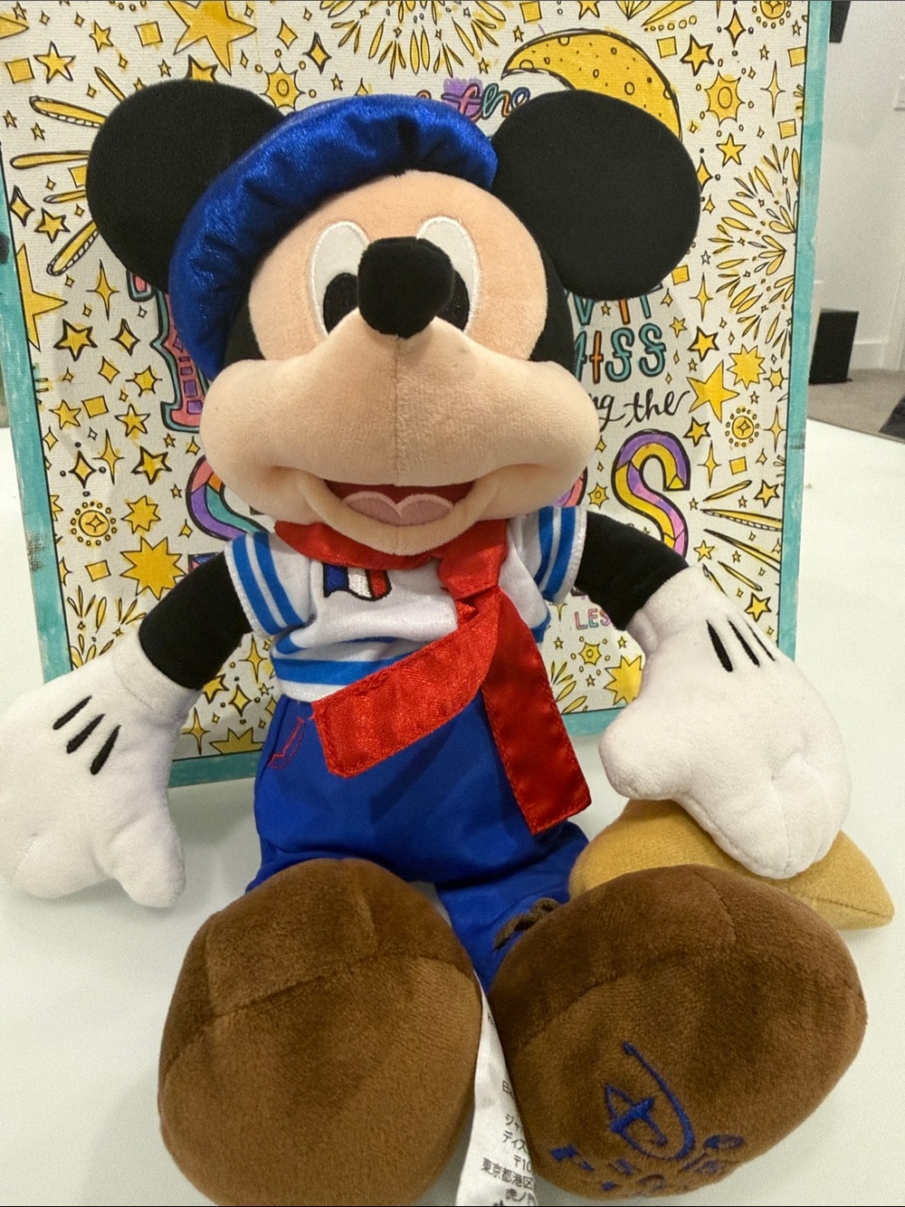 Paris Disney Mickey Mouse Plush in Blue Outfit with Red Scarf and Brown Feet